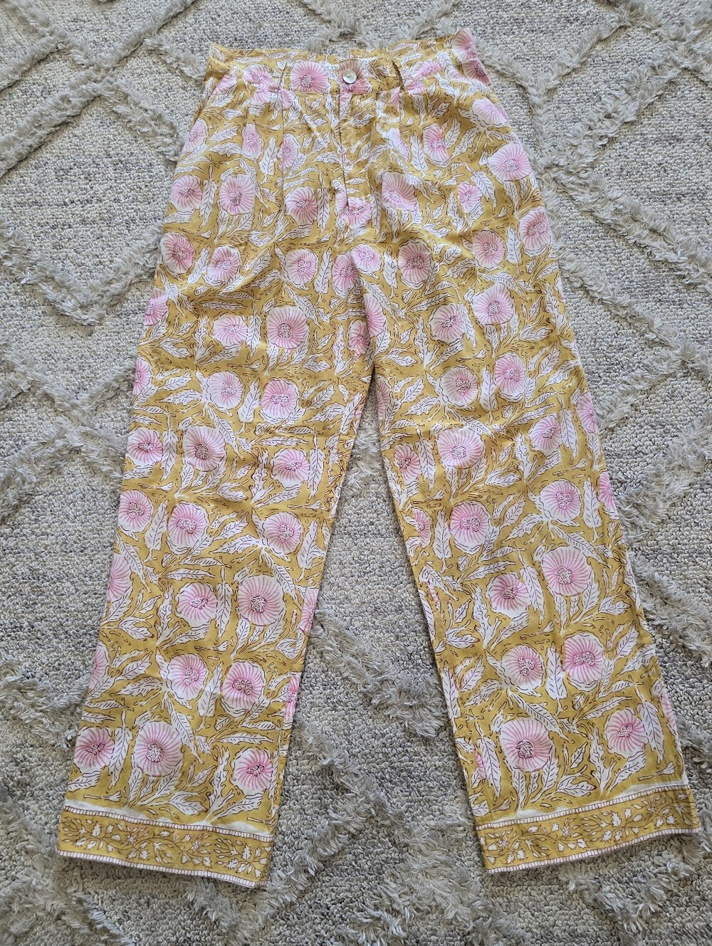 Alix of Bohemia Wide Leg 100% Cotton Yellow Pink Floral Trousers Pants Size M